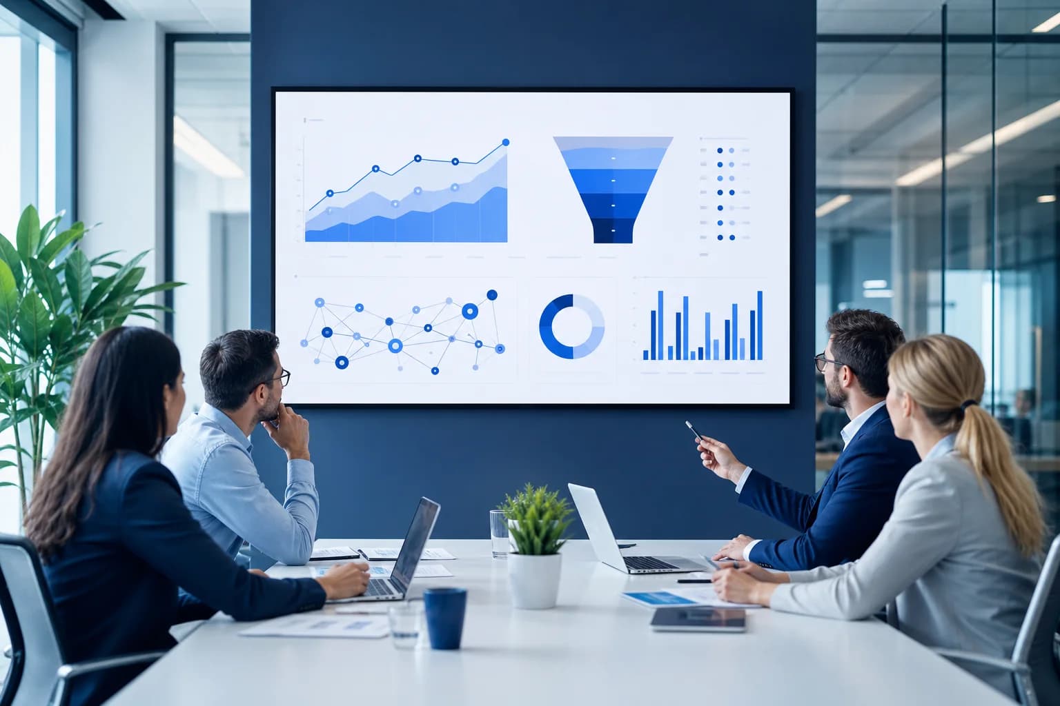 Tím sleduje marketingové dáta, CRM lievik a grafy kampaní na obrazovke.