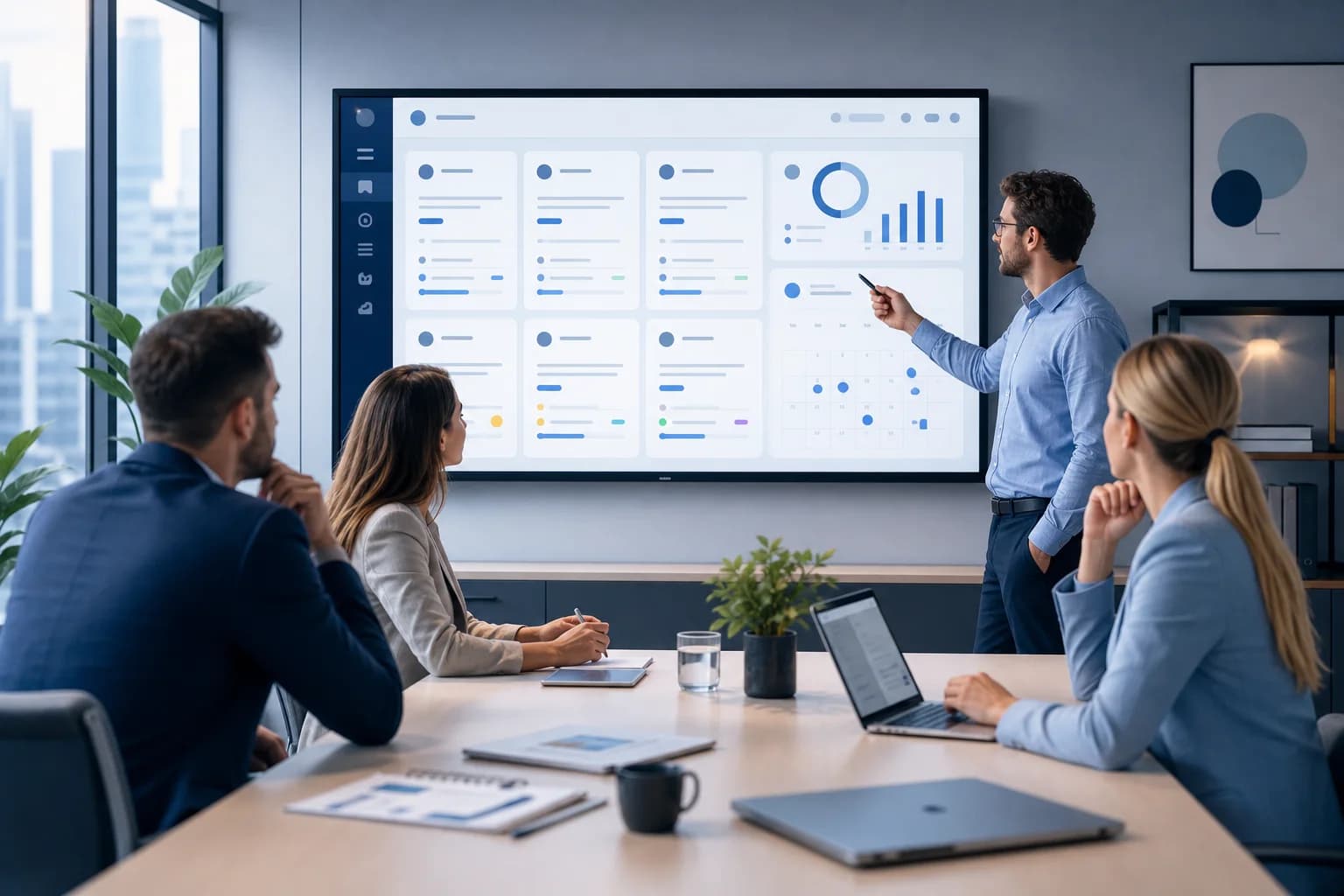Obchodný tím pri stole sleduje CRM dashboard s úlohami a pripomienkami na monitore.