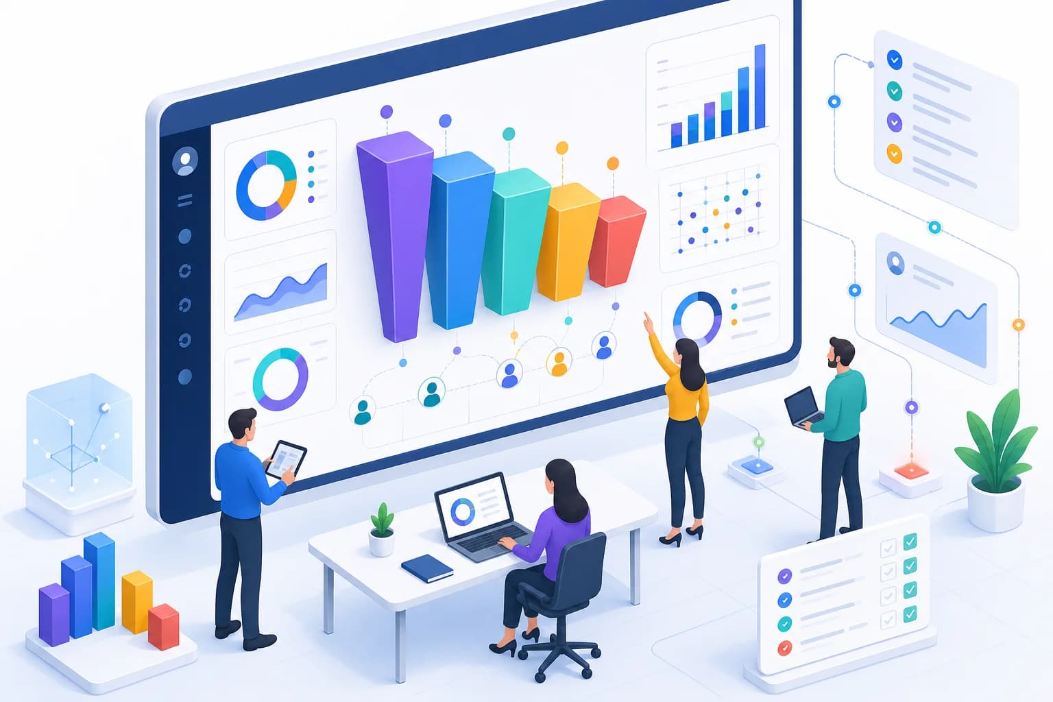 Tím pri CRM dashboarde s vizuálnym obchodným funnelom, grafmi a prepojenými dátami.