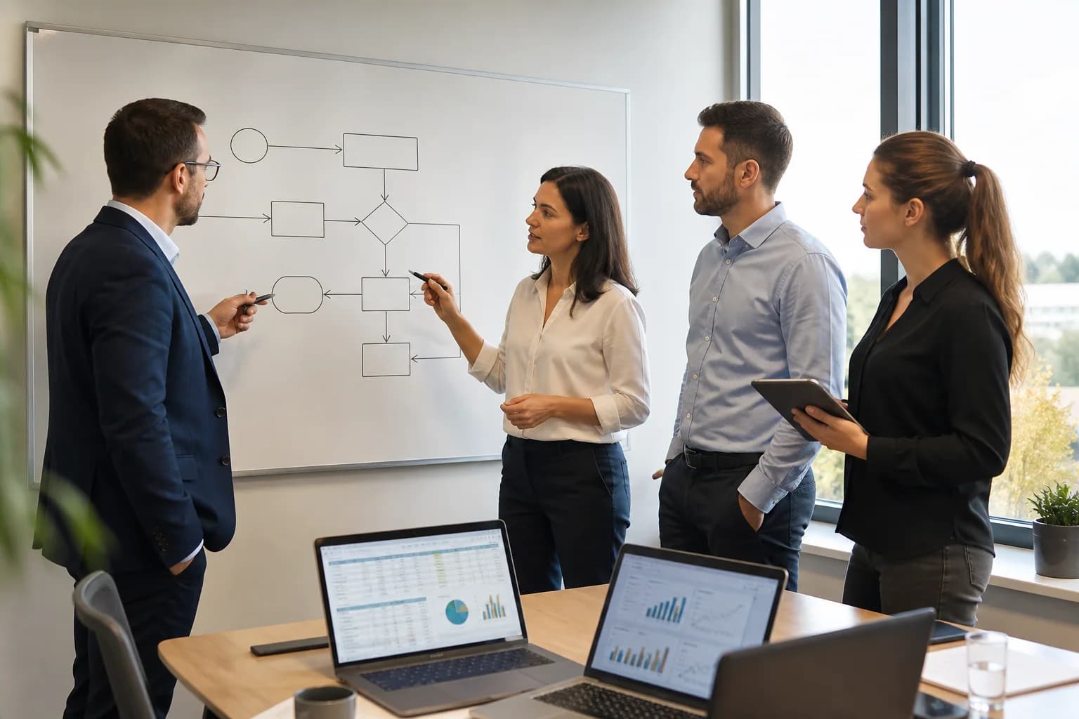 Tím vo firme analyzuje interný proces pri whiteboarde s procesným diagramom a metrikami.