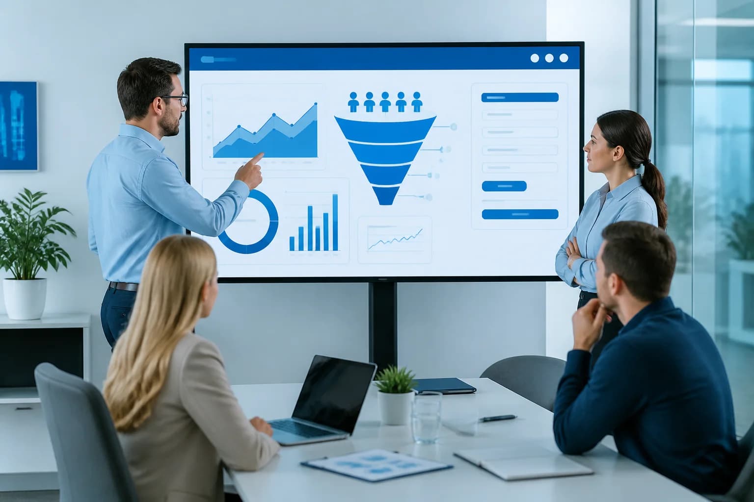 Firemný tím sleduje analytický dashboard s konverzným lievikom na veľkom monitore.