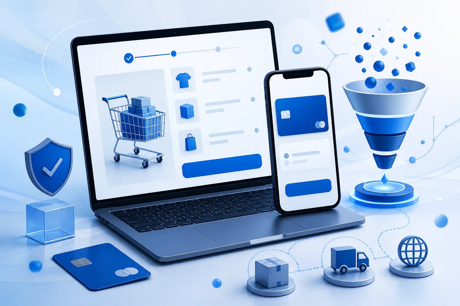 Notebook a mobil so znázorneným e-shopovým košíkom, platbou, dopravou a dátovým lievikom.