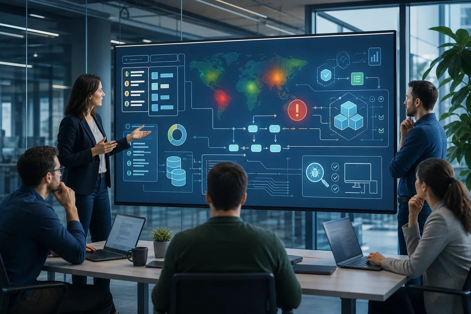 Tím pri digitálnej tabuli analyzuje riziká softvérového projektu.