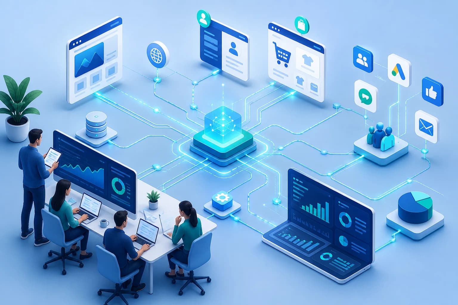 Izometrická ilustrácia prepojenia webu, CRM, e-shopu, reklamných publík a analytického dashboardu.