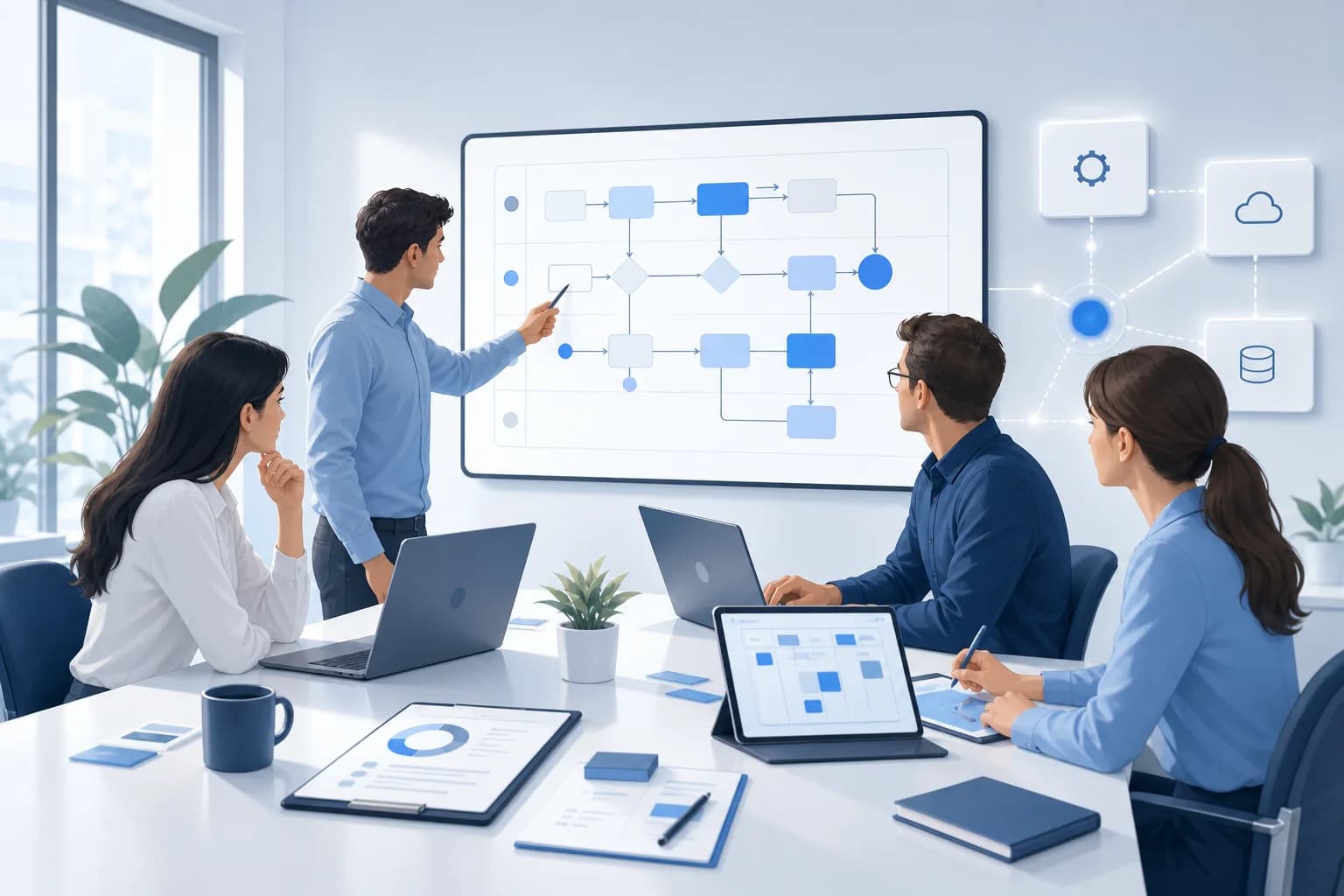 Tím analyzuje procesy, priority a technické prepojenia digitálneho projektu pred vývojom.