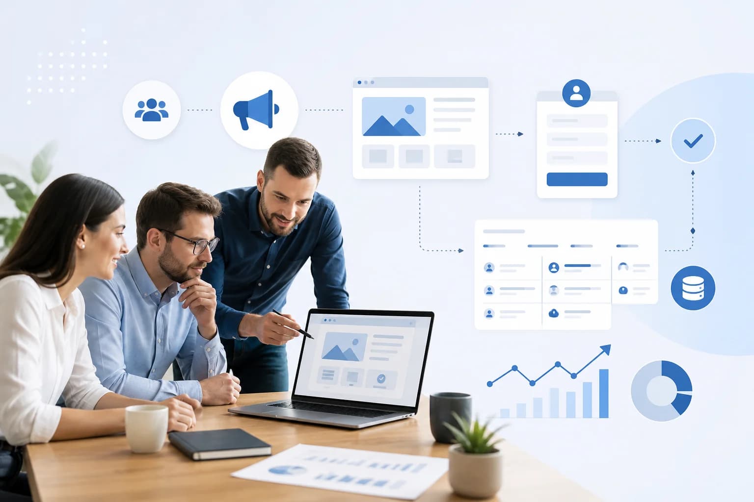 Tím pri notebooku pracuje s návrhom B2B landing page a vizuálnym tokom od kampane po CRM.