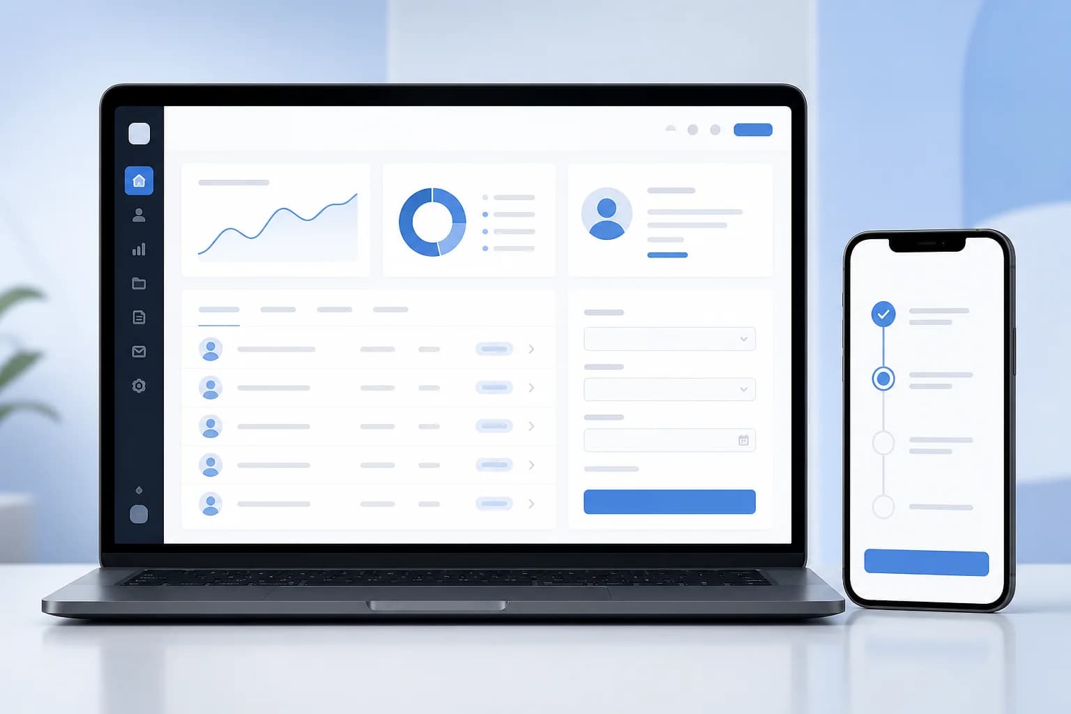 Notebook a mobil zobrazujúce prehľadné používateľské rozhranie s dashboardom, formulárom a kartami.