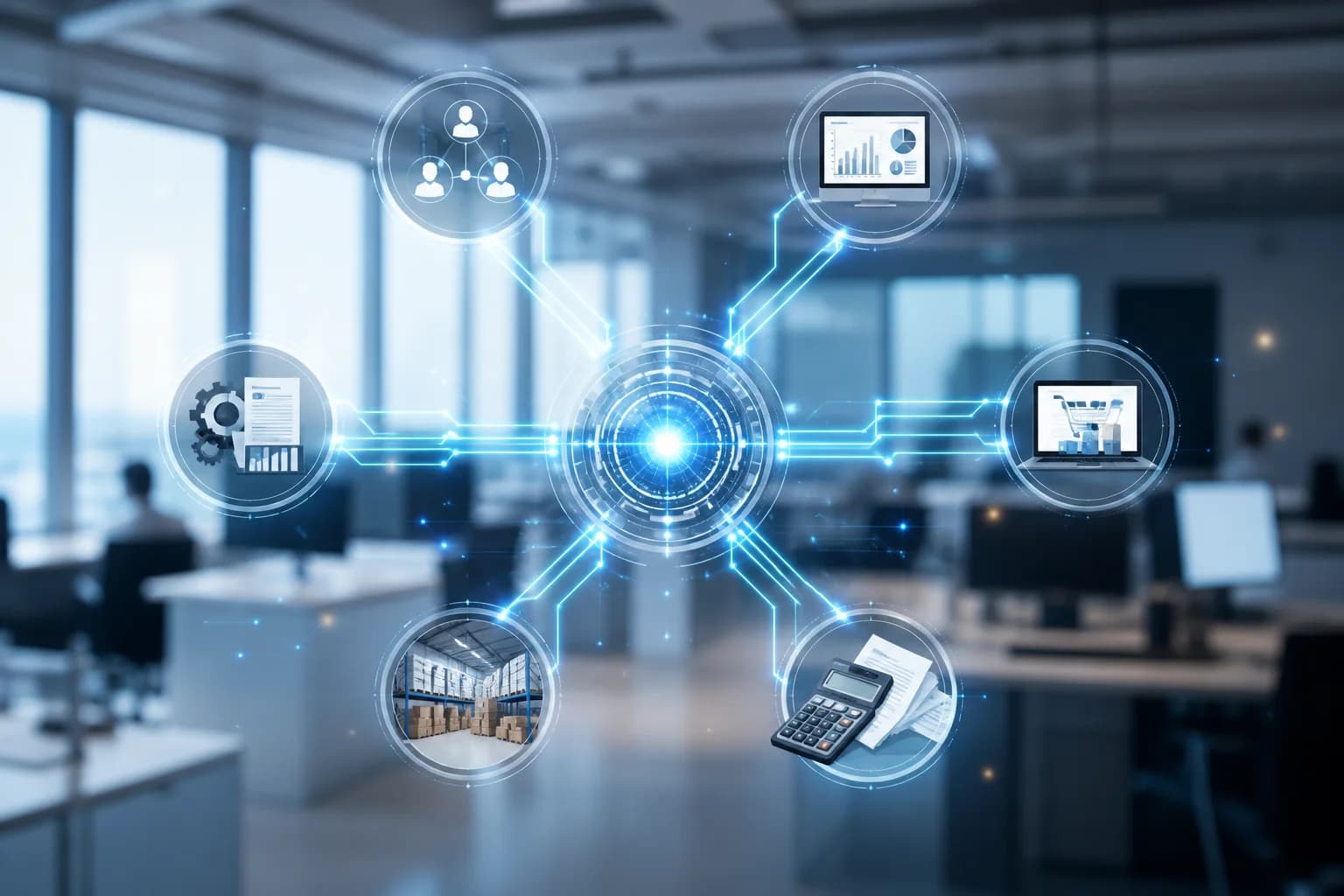 Digitálny integračný uzol prepája viaceré firemné systémy v modernom kancelárskom prostredí.