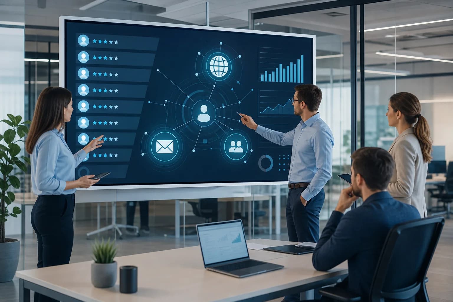 Marketingový a obchodný tím sleduje digitálnu nástenku s bodovaním leadov a prepojeniami na CRM.