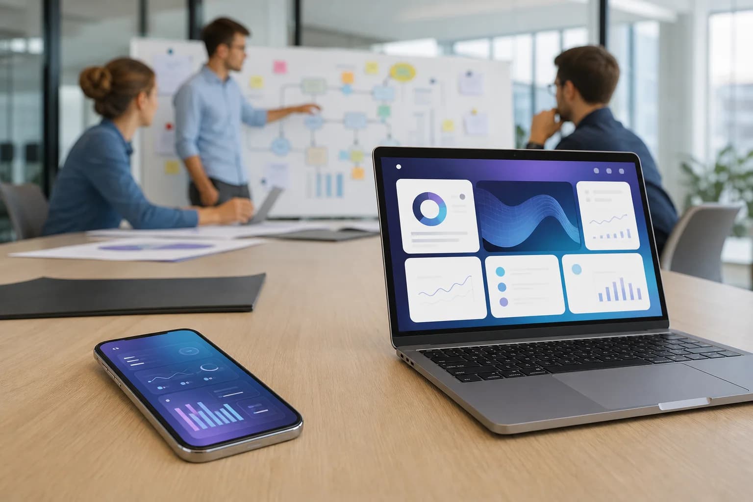 Smartfón s rozhraním aplikácie a notebook s responzívnym webom na pracovnom stole.