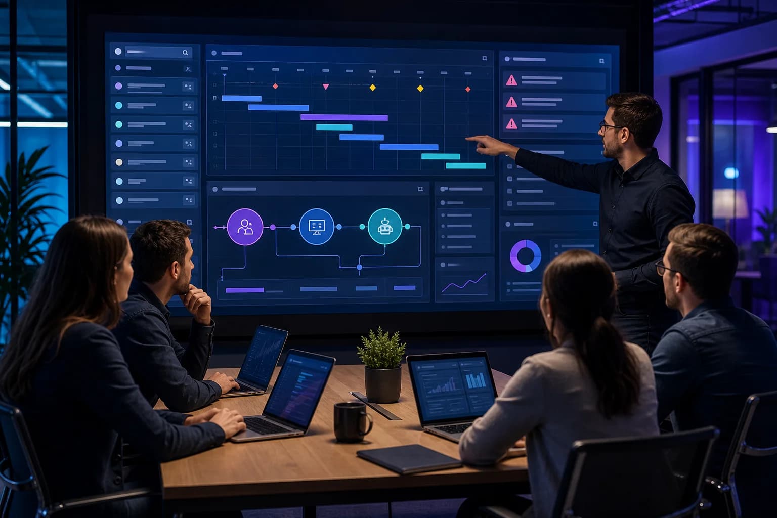 Projektový tím pri digitálnom dashboarde s časovou osou, backlogom a varovnými indikátormi IT projektu.