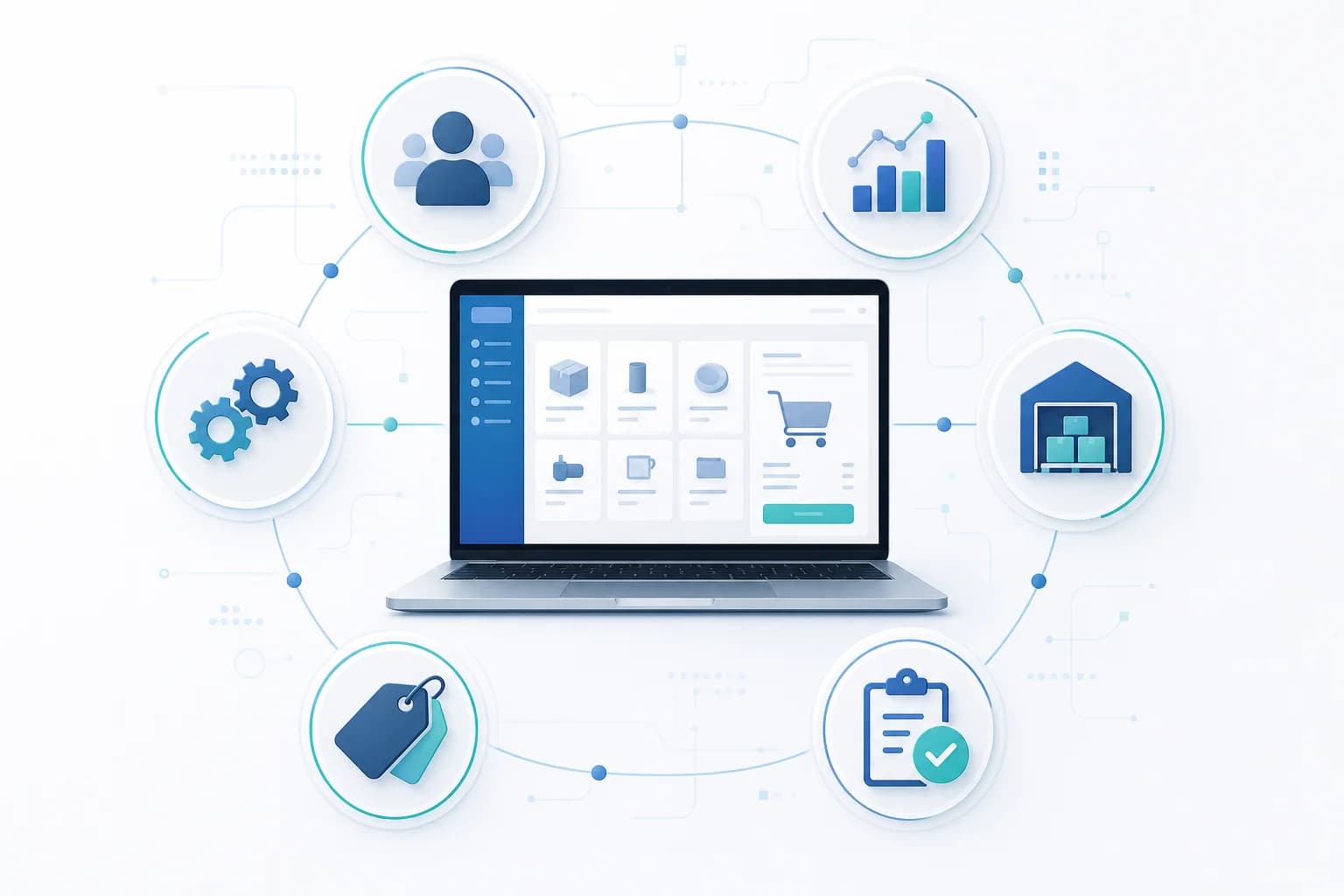 Ilustrácia B2B e-commerce portálu prepojeného s CRM, ERP, skladom, cenníkmi a schvaľovaním objednávok.