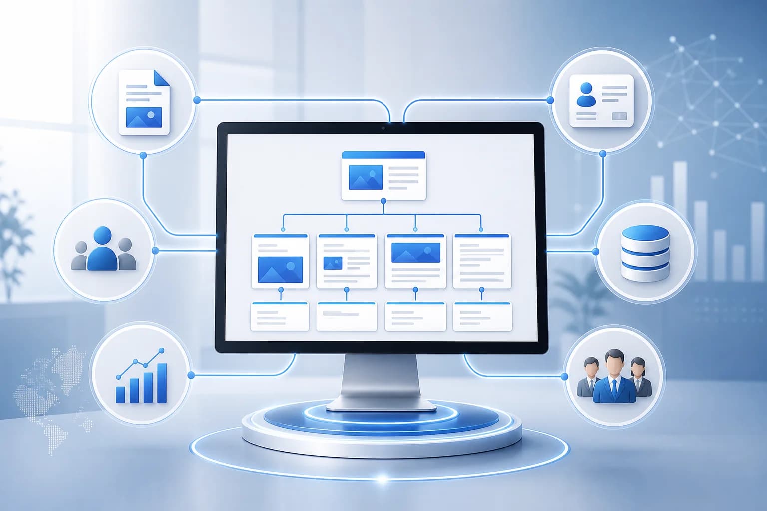 Ilustrácia monitora s prepojenou štruktúrou firemného webu, leadov, CRM a merania.