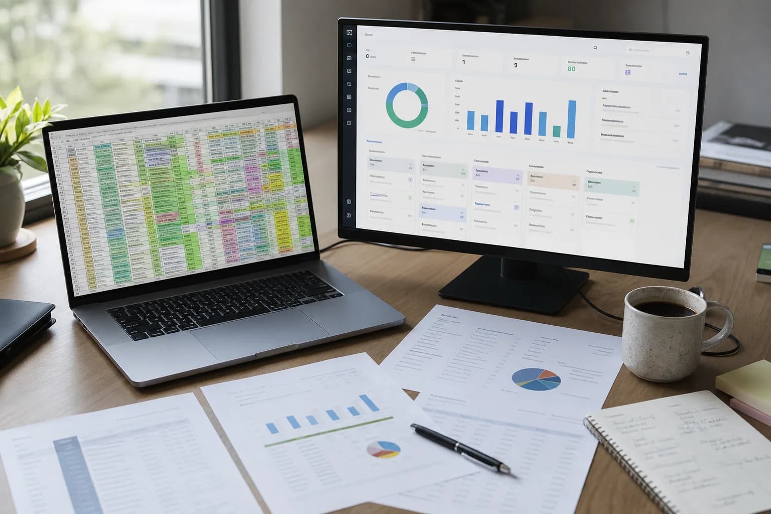 Pracovný stôl s notebookom s tabuľkou v Exceli a monitorom s prehľadným CRM dashboardom
