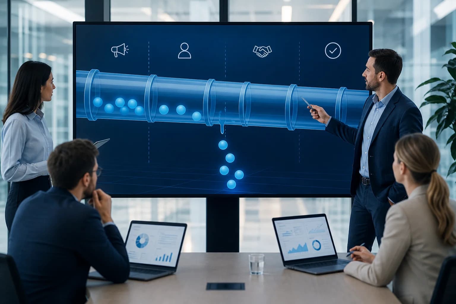 Obchodný tím sleduje digitálnu pipeline s viacerými obchodnými príležitosťami na obrazovke.