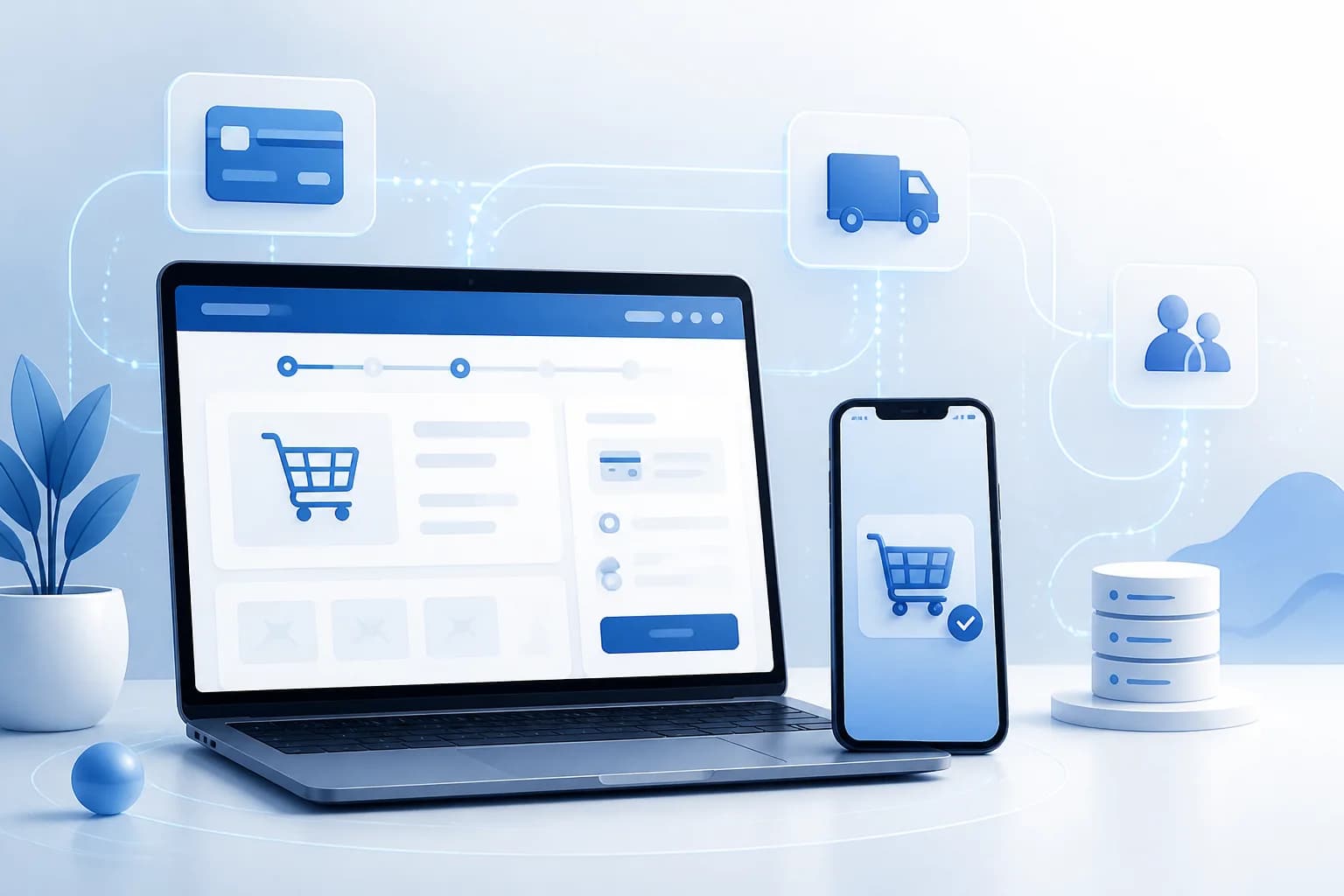 Notebook a mobil so symbolickým e-shopovým checkoutom a dátovými prepojeniami na platbu, dopravu a CRM.