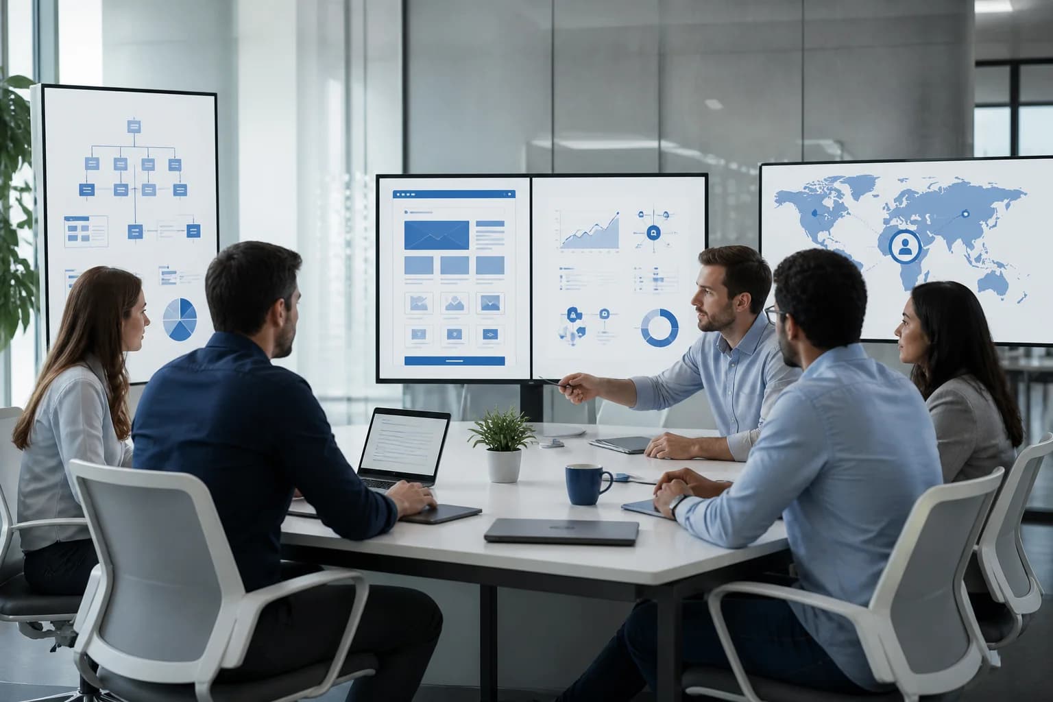 Tím v kancelárii analyzuje firemný web, wireframy a analytické grafy na monitoroch.