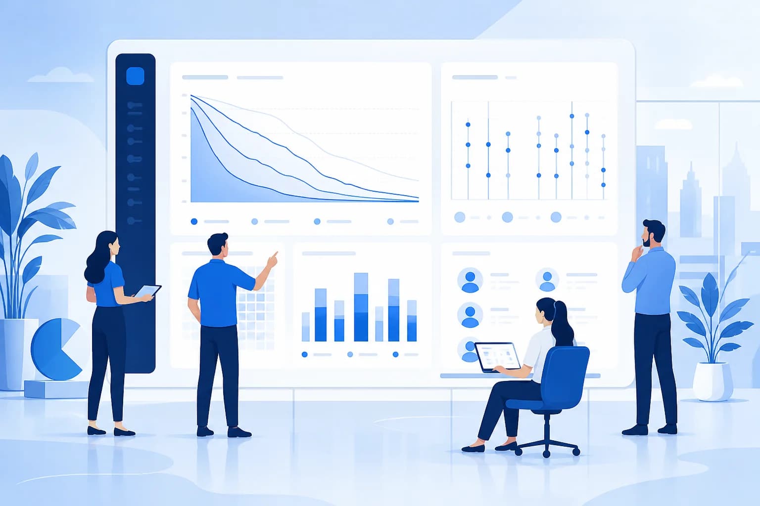 Firemný tím sleduje analytický panel mobilnej aplikácie s grafmi návratovosti používateľov.