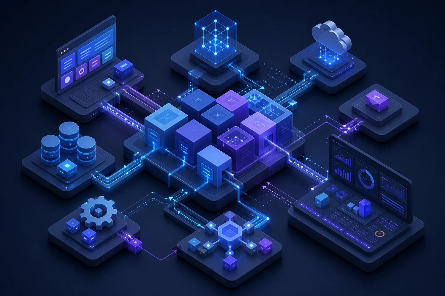 Izometrická ilustrácia modulov softvérového systému prepojených s databázami, API a monitorovaním.