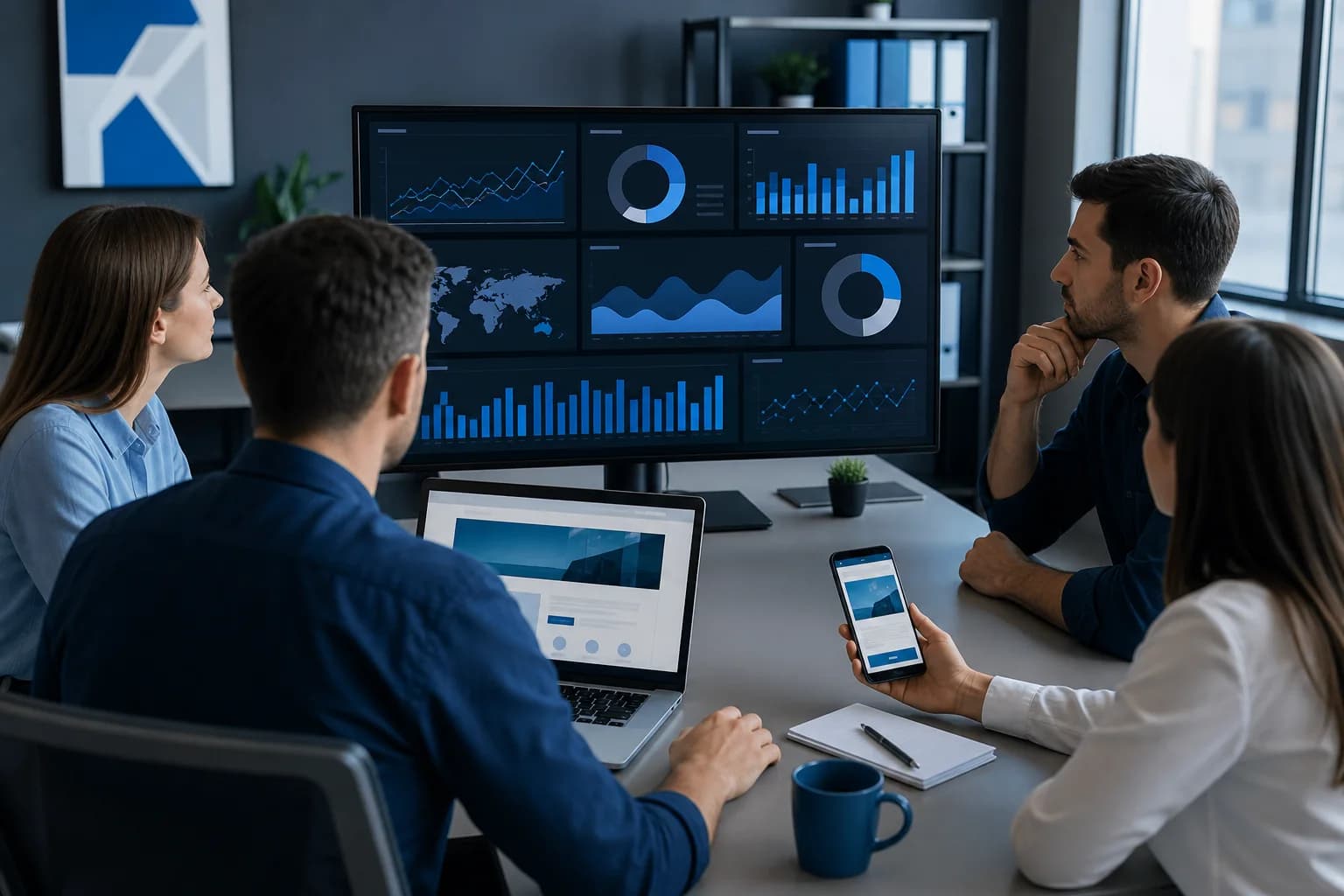 Tím sleduje analytický dashboard webu na monitore, notebooku a mobile.