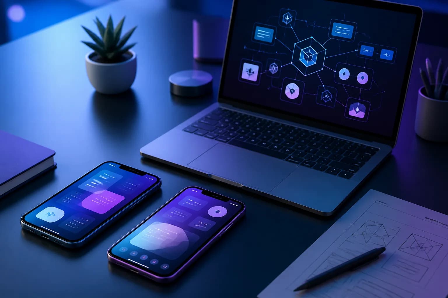 Smartfóny a notebook s abstraktným diagramom prepojení mobilnej aplikácie na firemné systémy.
