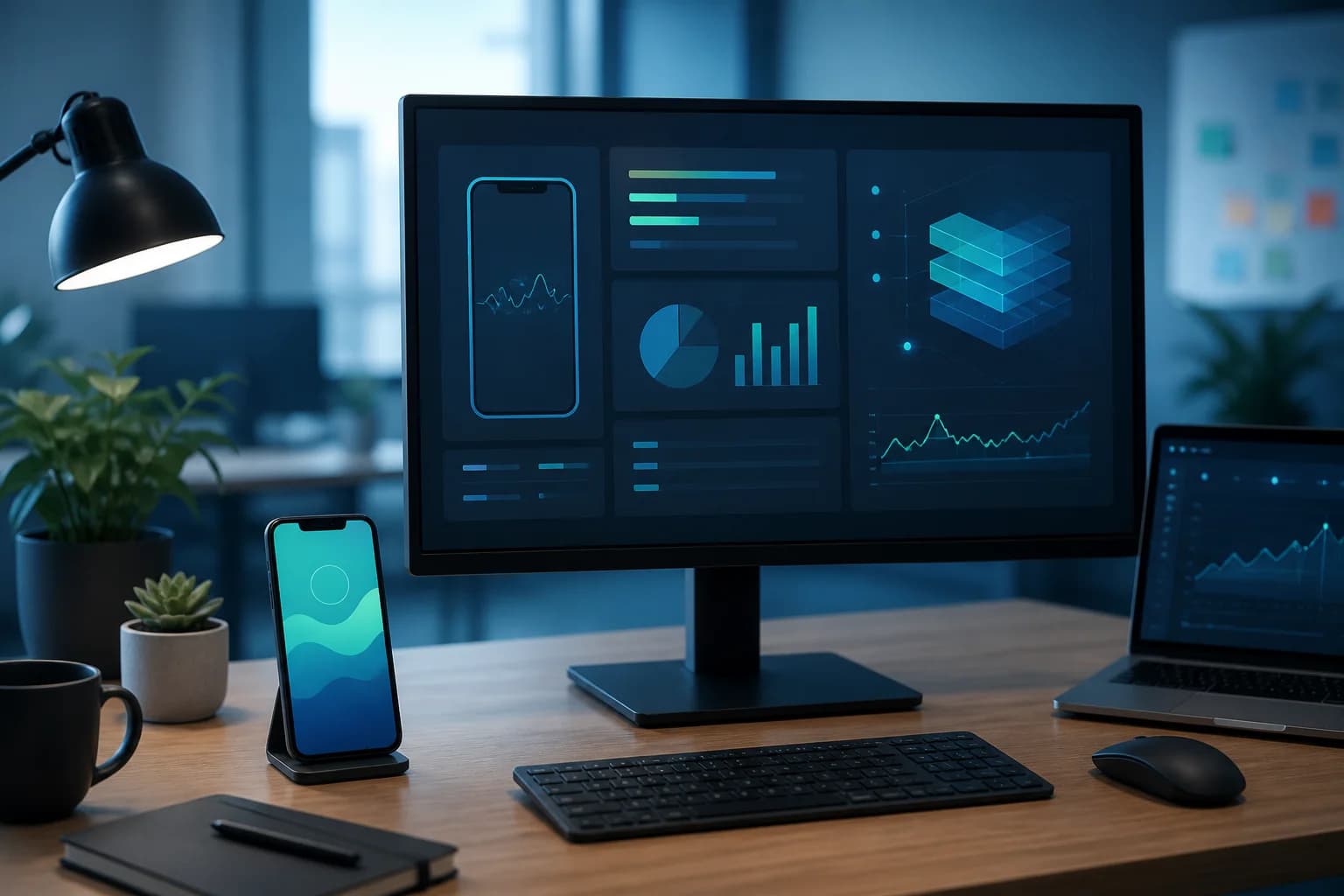 Pracovný stôl s monitorom, smartfónom a abstraktnou diagnostikou mobilnej aplikácie.